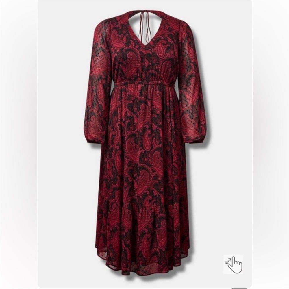 NWT Torrid Red and Black Paisley and Swiss Dot Midi Dress Ties In Back Size 1X